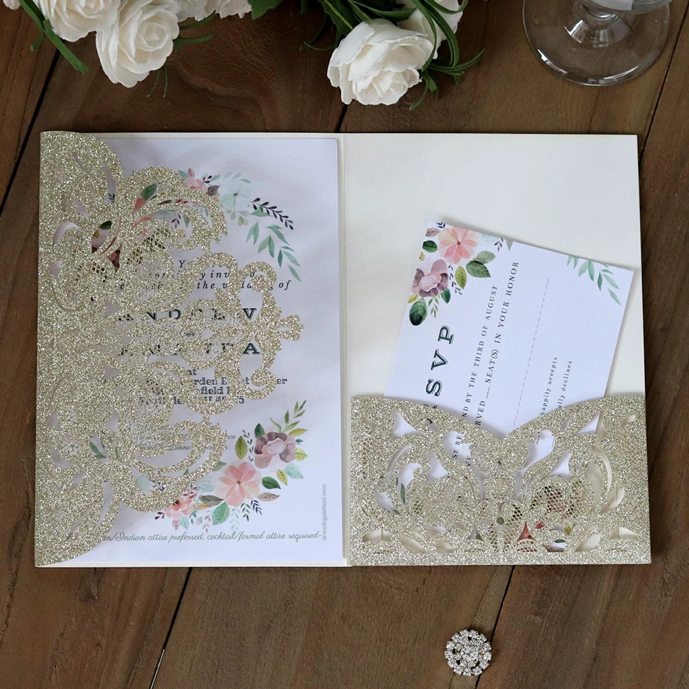 10Pcs Glitter Business invitation invitation laser cutout european style invitation cards 18*12.5CM - 4000549999296