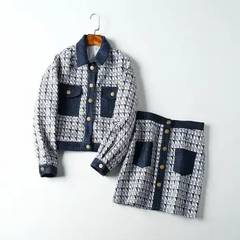 

2020 Spring New Autumn Lady Small Fragrance Plaid Short Wool Jacket Coat + Tweed Skirt Two-piece Women Elegant Skirt Sets