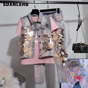 

Two Piece Set Women 2019 Summer New Fashion Heavy Sequined Short Waistcoat Slim Denim Jacket + Loose Jeans Suit Female Lady