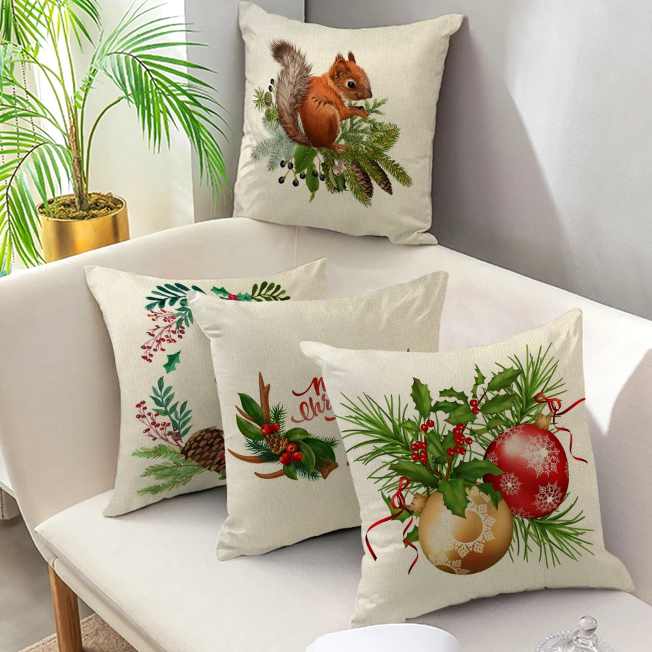 

Nanacoba Linen Pillow Cover Home Decor Merry Christmas Wreath Flower Animal Printed Decoration Pillowcase Sofa Car Cushion Cover