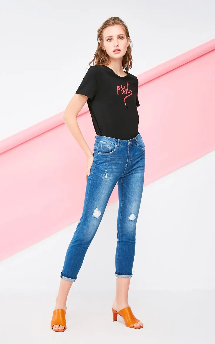 Vero Moda Новое поступление женские потертые манжеты закатывающиеся облегающие 96% хлопковые укороченные джинсы | 318349537