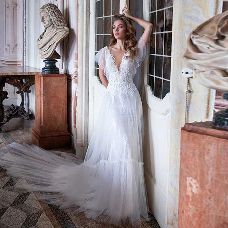 Bohemian Wedding Dresses V-Neck Cap Sleeves Appliques Tulle White Ivory Boho Gowns Custom Made Bride | Свадьбы и торжества