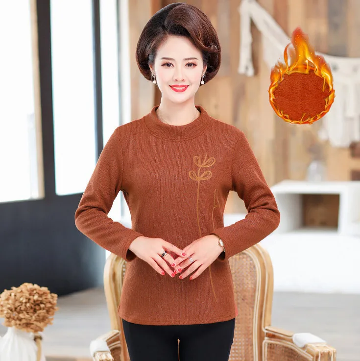 caramel color 3658 Зимние пуловеры для женщин среднего возраста, нижняя рубашка, топы с длинными рукавами, большие размеры, одежда для мам среднего возраста, бархатные плотные теплые футболки - Цвет: caramel color 3658