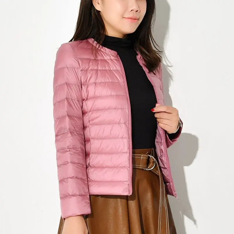 Осенне-зимняя женская пуховая куртка без воротника, тонкий и удобный светильник с круглым вырезом и вырезом лодочкой, приталенный короткий пуховик - Цвет: Розовый