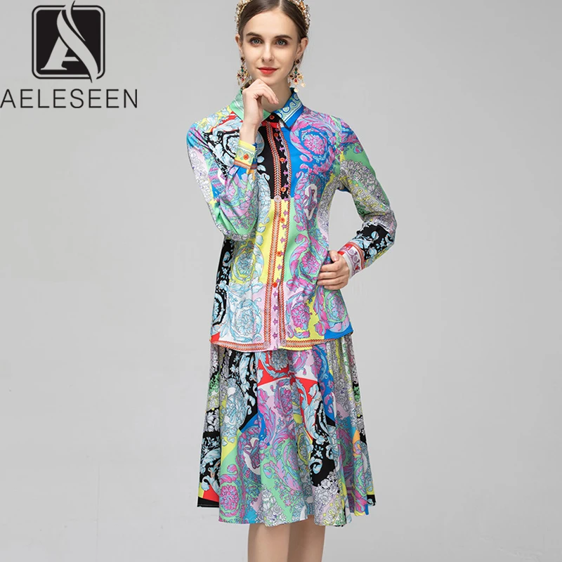 

AELESEEN New Fashion 2019 Autumn Office Lady Suits High Street Runway Design Vintage Printed Single Shirt + Midi Skirt Twinset