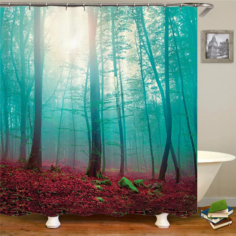 Printed 3d shower curtain waterproof polyester fabric washable bathroom shower curtain with 12 people hook