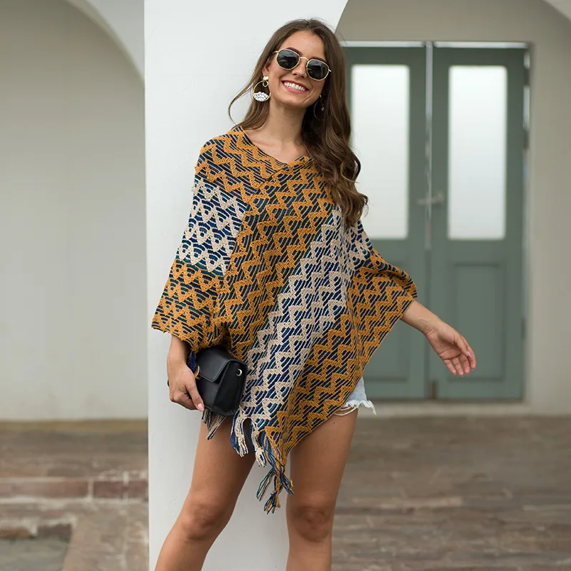 Women's Autumn Winter European American Women's Cloak Knitted Shawl Tassel Wavy Diagonal Stripes Cloak Bohemian Sweater ML201