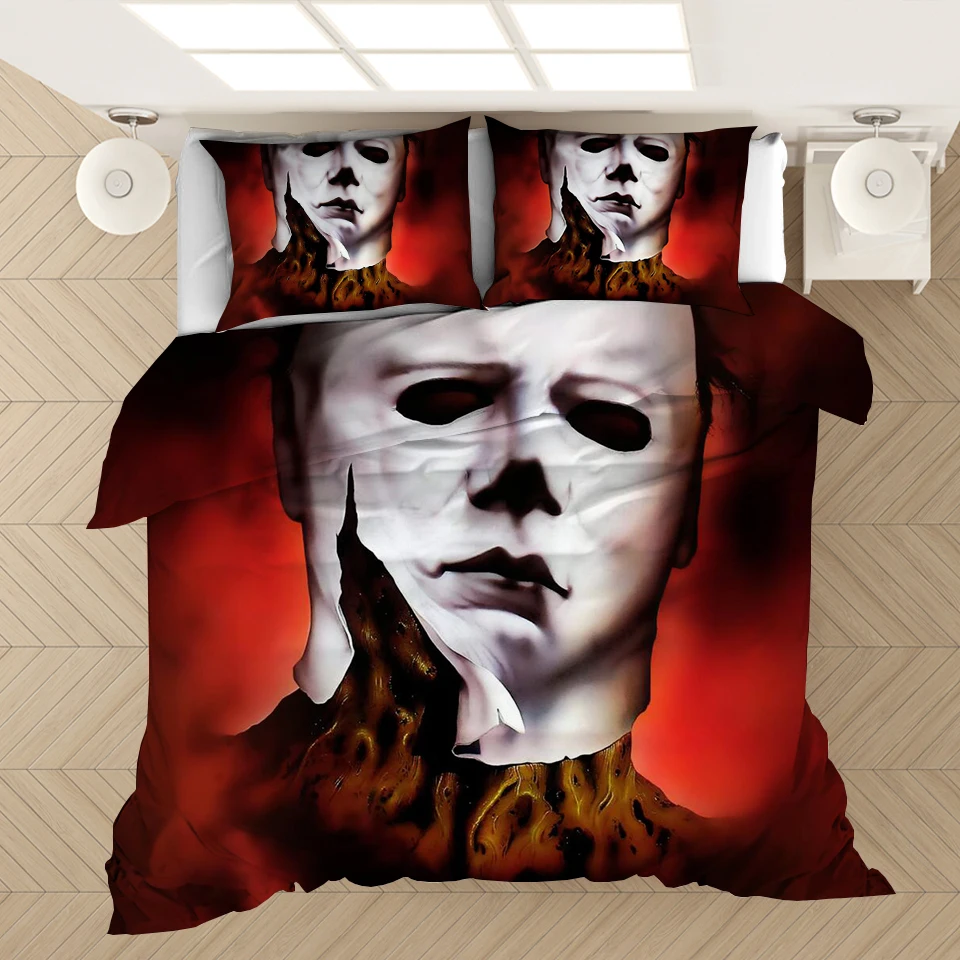 7 EILANNA innmilk Bedding Sets Bedspread Halloween Michael Myers 3D Print Twins Size Decorative Quilted 3 Piece Coverlet Set with 2 Pillow Shams
