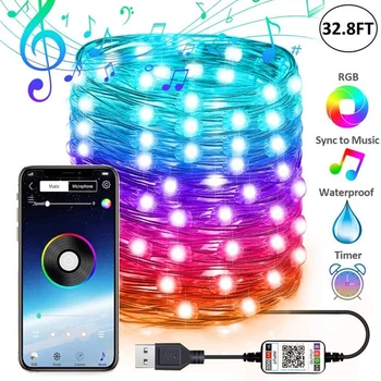 

USB Bluetooth App Control LED String Fairy Lights Copper Wire Colorful Christmas Garland Lamp for Wedding Party Decor