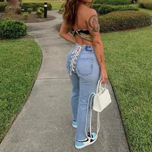 

2021 Autumn and Winter Fashion New Hip-hop Denim Female Slim Fit All-match Creative Sexy Strappy Jeans Streetwear Women