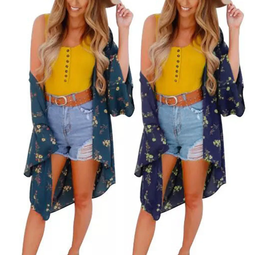 Женская шифоновая блузка с цветочным принтом, рубашка, Boho Sandy, пляжный кардиган, длинная Легкая блузка, купальник, накидка, кимоно Femme