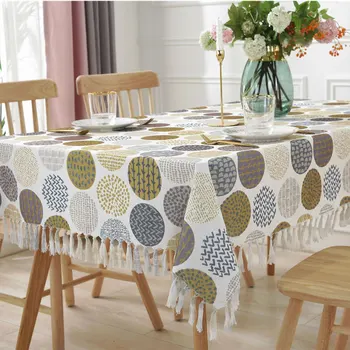 

Rectangle Table Cloth Banquet Wedding Circle Print Cotton Linen Table Cover Tablecloth Tassel Household Tabletop Protector