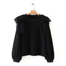 Новинка, женские элегантные повседневные Черные свитшоты с бантом на плечах, женские осенние базовые толстовки с круглым вырезом и рукавами-фонариками, шикарные топы с аппликацией, H086