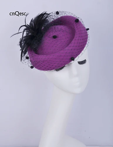 PURPLE BLK Фиолетовый черный настоящий шерстяной головной убор дамская шляпа украшение с перьями для зимы. Дерби церкви - Цвет: PURPLE BLK