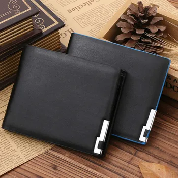 

Hot Fashion Men's Short Wallet Korean -thin Blue Border Wallet Horizontal Wallet PU Simple Style Coin Purse Men No Zipper