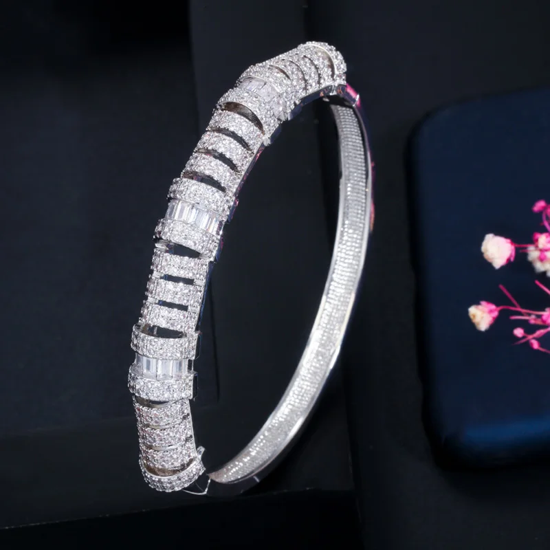 White Gold Pera, высокое качество, Роскошные блестящие кубические циркониевые ювелирные изделия, индийский Дубай, золотые свадебные круглые открытые манжеты, браслеты и кольца, наборы Z058 - Окраска металла: White Gold