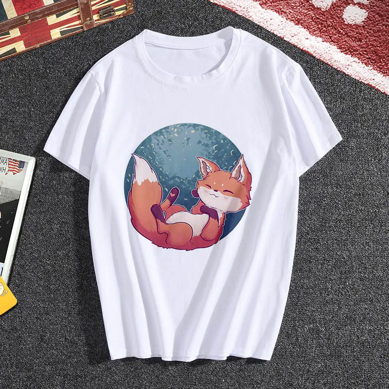 Новые kawaii с рисунком в виде лисы футболка Для женщин hipster Милая футболка женская мода сезона Harajuku белая 0-образным вырезом; топы; детская одежда
