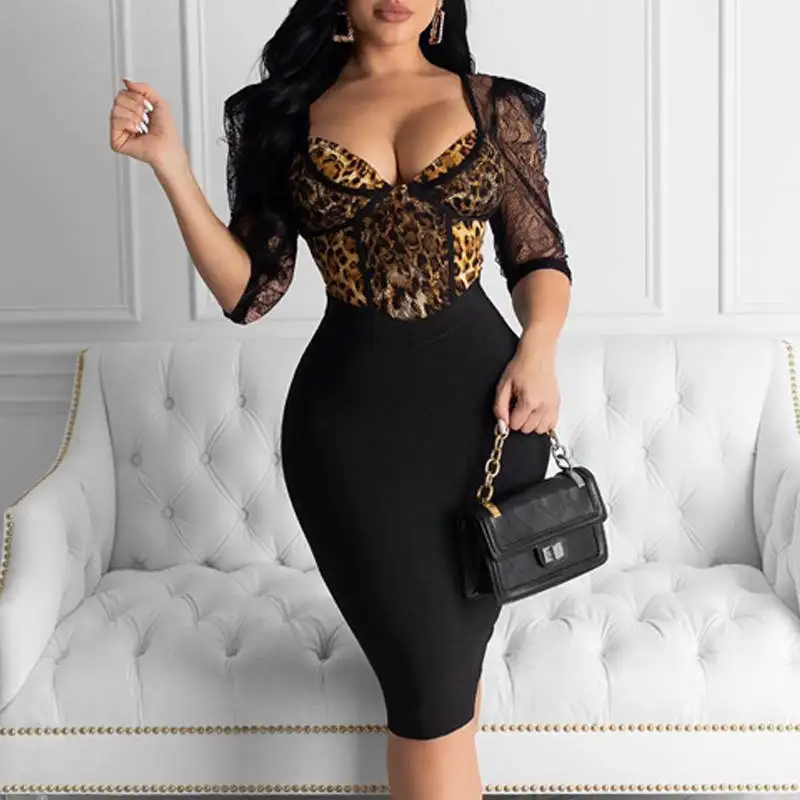 Кружевное леопардовое облегающее платье с высокой талией - Цвет: Bodycon Dress