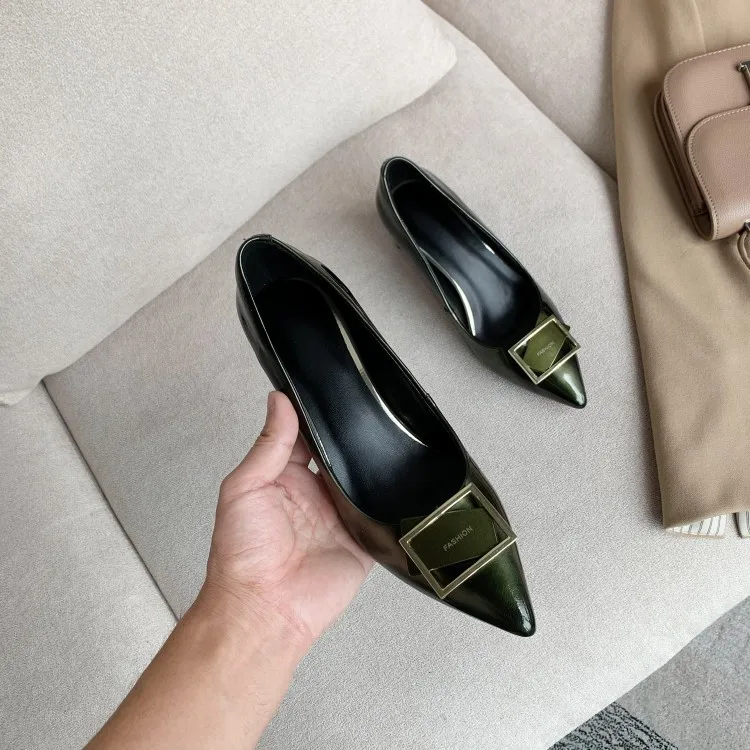 

2020 Spring And Summer New Style Genuine Leather Low-Cut Versatile Pointed Toe Chunky Heel Square Buckle Green Slimming Wine Sho