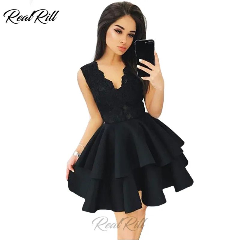 

Real Rill Sexy V Neck Lace Up Back Mini Homecoming Dresses 2019 Lace Short Cocktail Dress Satin Little Black Dress