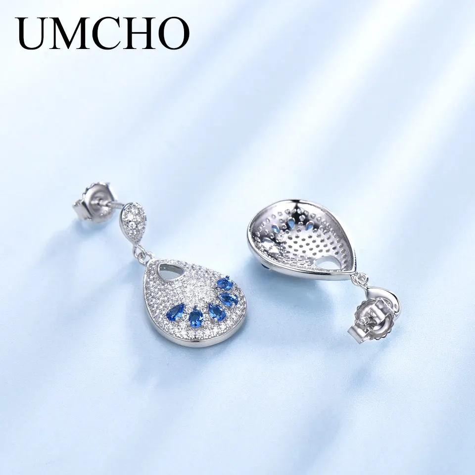 UMCHO, Твердое Серебро, 925, ювелирное изделие, в форме капли, создано, нано, Небесно голубой топаз, клипсы, серьги для женщин, подарки на день рождения, подвески, хорошее ювелирное изделие