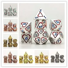 DND RPG MTG juego 7 unids/set/juego Corazón en relieve Metal pesado dados poliédricos con bolsa de terciopelo