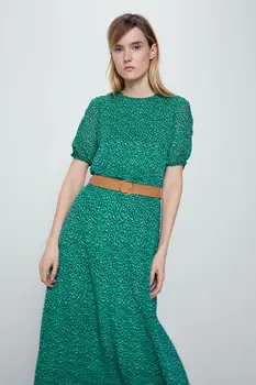 

2020 new Spring Summer European with Waistband Floral Printed female Dress zaraing vadiming sheining Women's Green dress BGB2076