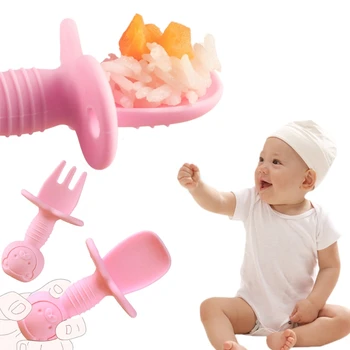 

2 Pcs Baby Training Fork Spoon Set Newborn Food Grade Silicone Feeding Food Dishware Tableware Utensils