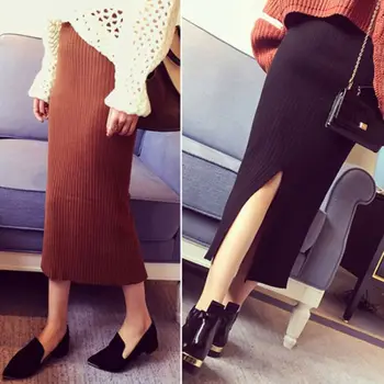 

Women Knitted Long Skirts Fashion Casual Female Elastic Skirt High Waist Autumn Skirts WW