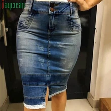 Женская джинсовая юбка, хлопковая, тонкая, с карманами, с разрезом, на молнии, женская, эластичная, талия, юбка, повседневная, дышащая, для девушек, юбка размера плюс