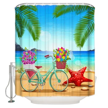 

Summer Tropical Beach Seashore Starfish Bike Extra Long Fabric Bath Shower Curtains Mildew-resistant Bathroom Decor with Hooks