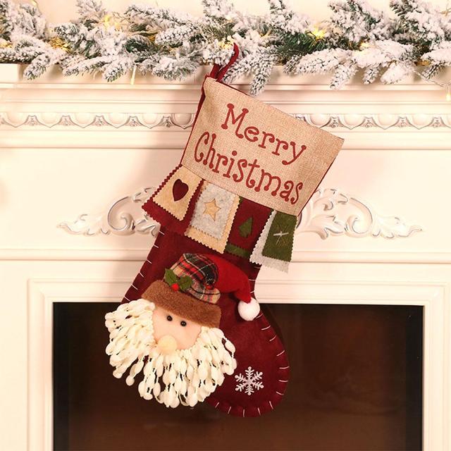 Stocking Linen Printing Creative Cartoon Three-dimensional Christmas Socks Gift Bag Snowman Elk Old-style Patch Socks