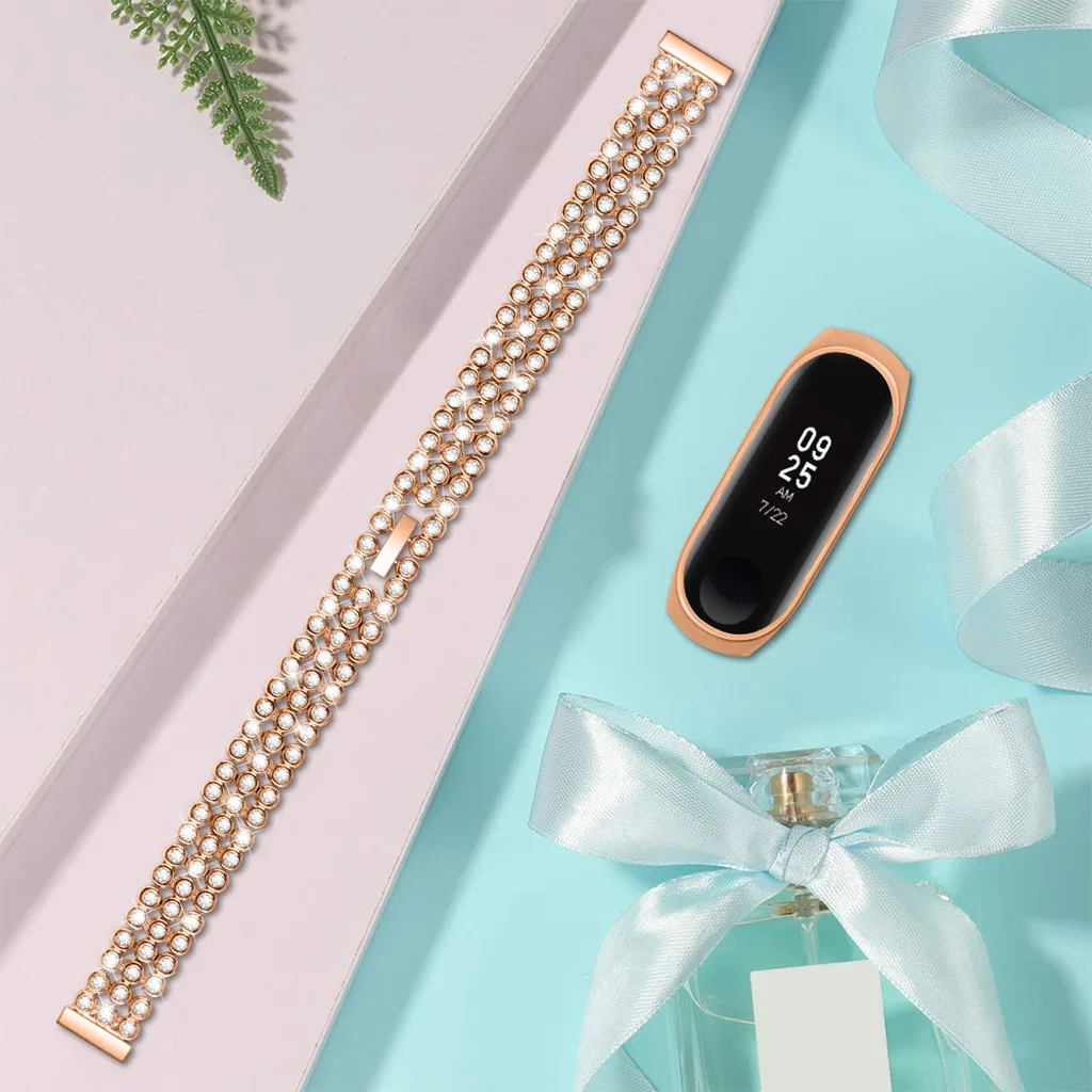 Аксессуары для умных часов из розового золота, ремешок для Xiaomi Mi, ремешок для часов с 4 сменными бриллиантами, браслет из нержавеющей стали