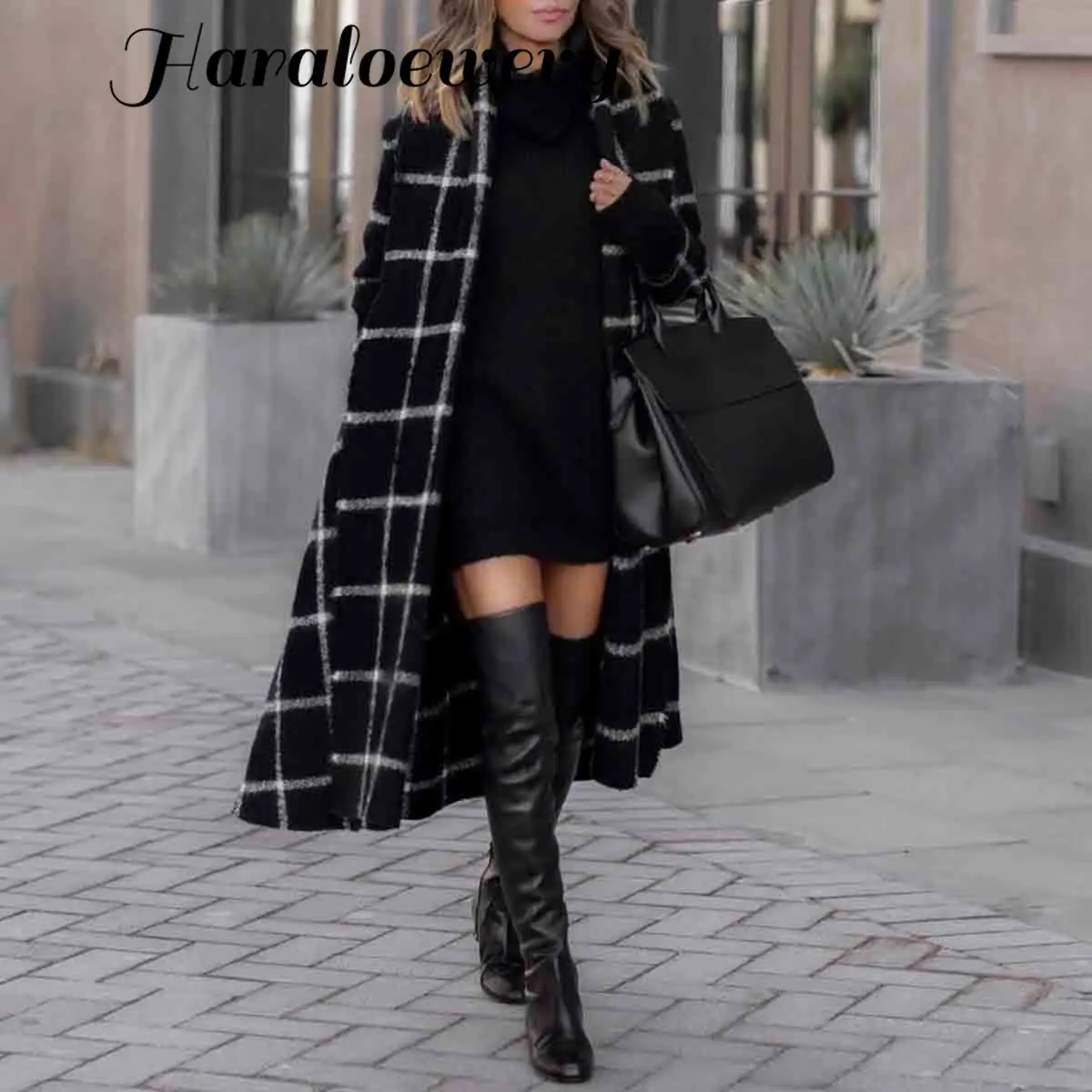 

Vintage Black Hooded Plaid Long Trench Coat Women Chic High Street Belted Windbreak Trench Lady Wool Coat Winter