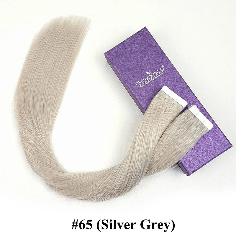 Silver Gray Showcoco девственные волосы на ленте, человеческие волосы для наращивания от одного дарителя, кутикулы, неповрежденные, клейкие волосы на белой ленте, высокое качество, 20 шт - Цвет: Silver Gray