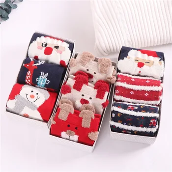 

3pairs Chrismas Gift with Box Thincken Keep Warm Women Socks Cartoon Deer Santa Claus Sox New Year Wishes Luck Red Sock Crew