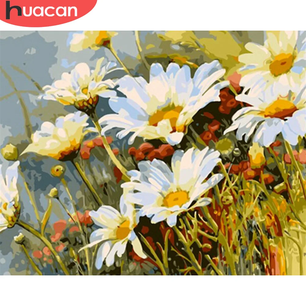 HUACAN Coloring By Numbers White Flower Kits Drawing Canvas HandPainted DIY Oil Painting Pictures Home Decoration Art Gift