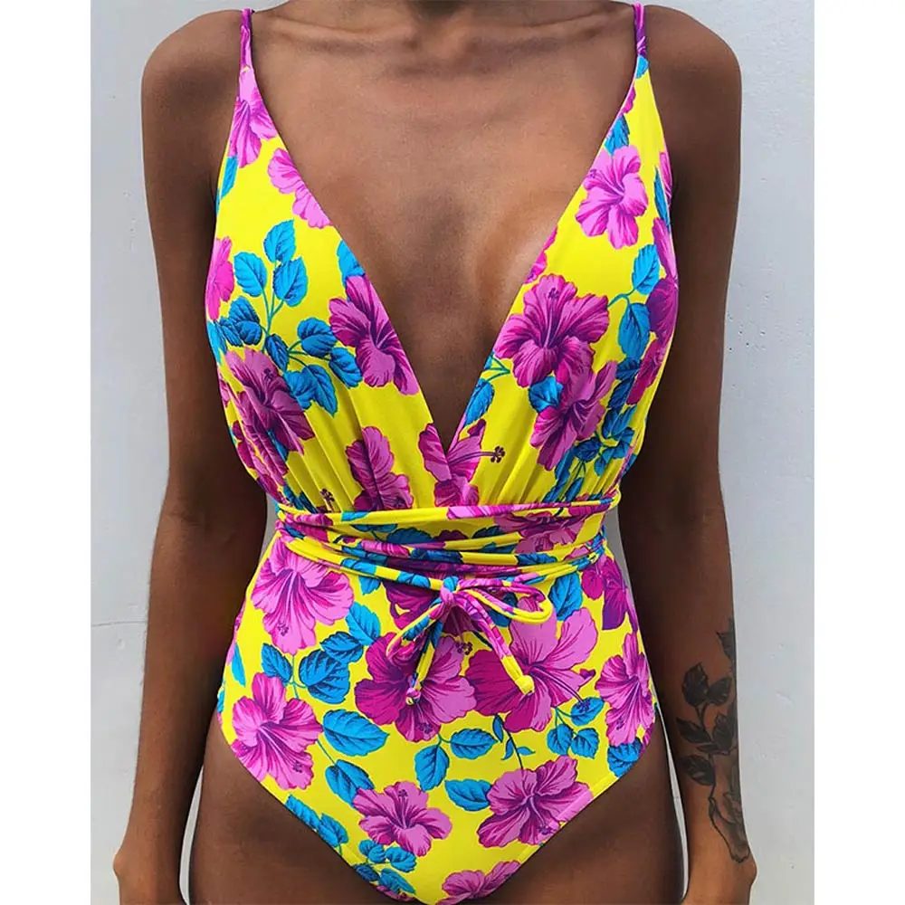 Floral7 Купальник с принтом, женский, сдельный,, Одноцветный, купальный костюм,, полосатый купальник, глубокий v-образный вырез, для плавания, сексуальный,, бразильский, Maio Strappy - Цвет: Floral7