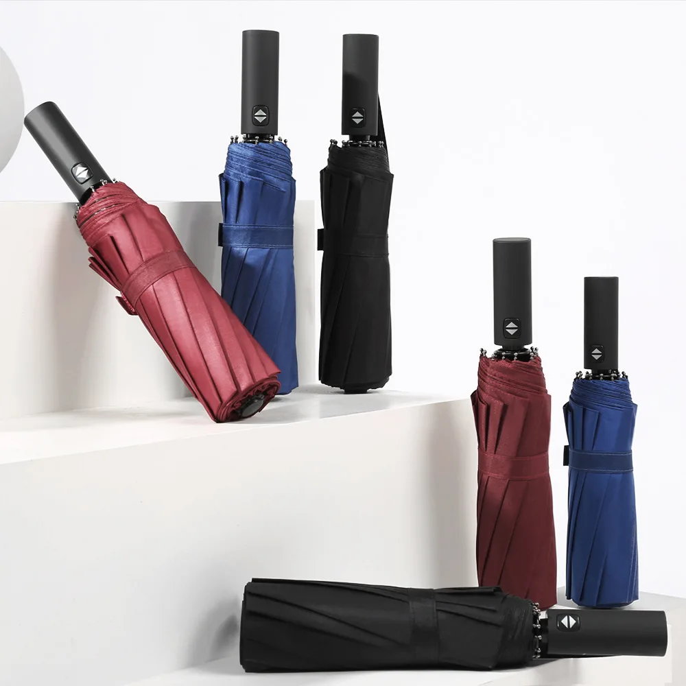 

New Style 12 Bone Automatic Umbrella Vinyl Folding Men Business Umbrella Windproof Reinforced All-Weather Umbrella Customizable