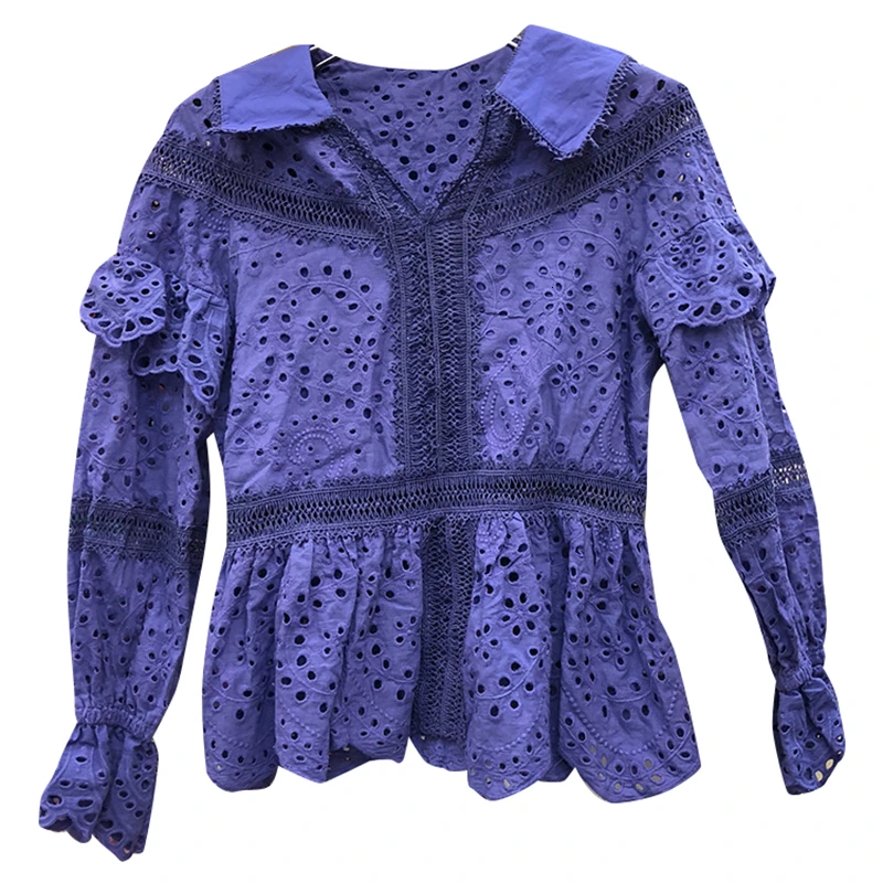 Purple TWOTWINSTYLE, белая вышивка, выдалбливают перспективу, рубашки для женщин, воротник с лацканами, расклешенный рукав, женская рубашка,, летняя мода - Цвет: Purple