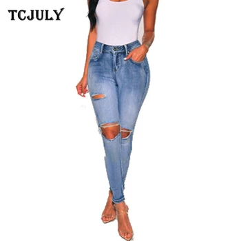 

TCJULY Streetwear Cotton Distressed Jeans Women Skinny Push Up Stretch Denim Pencil Pants Slim Bleached Washed Casual Torn Jeans