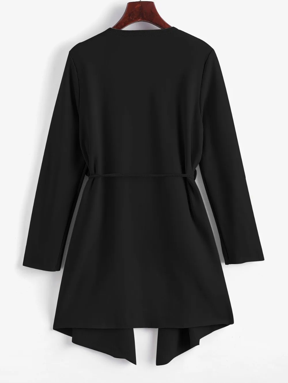 ZAFUL Patched Pockets Belted Waterfall Turn-Down Collar Long Sleeve Solid Color Skirted Coat For Women Autumn Longline Overcoat