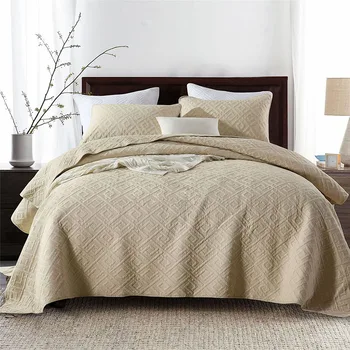 

CHAUSUB Beige Bedspreads Quilt Set 3PCS Cotton Quilts For Double Bed Embroidered Bed Cover King Queen Coverlet Blanket On Bed