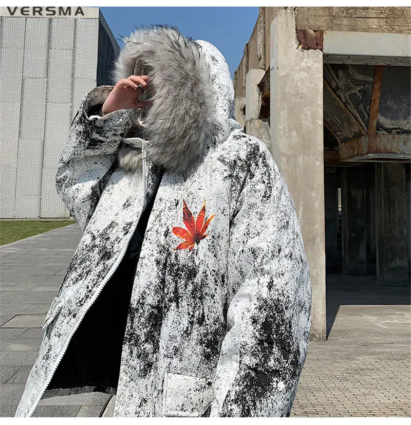 VERSMA, корейский стиль, одежда для мужчин, зимняя теплая куртка, пальто для мужчин, парка с кленовым принтом, для мужчин, с меховым капюшоном, для русской зимы, пальто, мужские парки, 5XL
