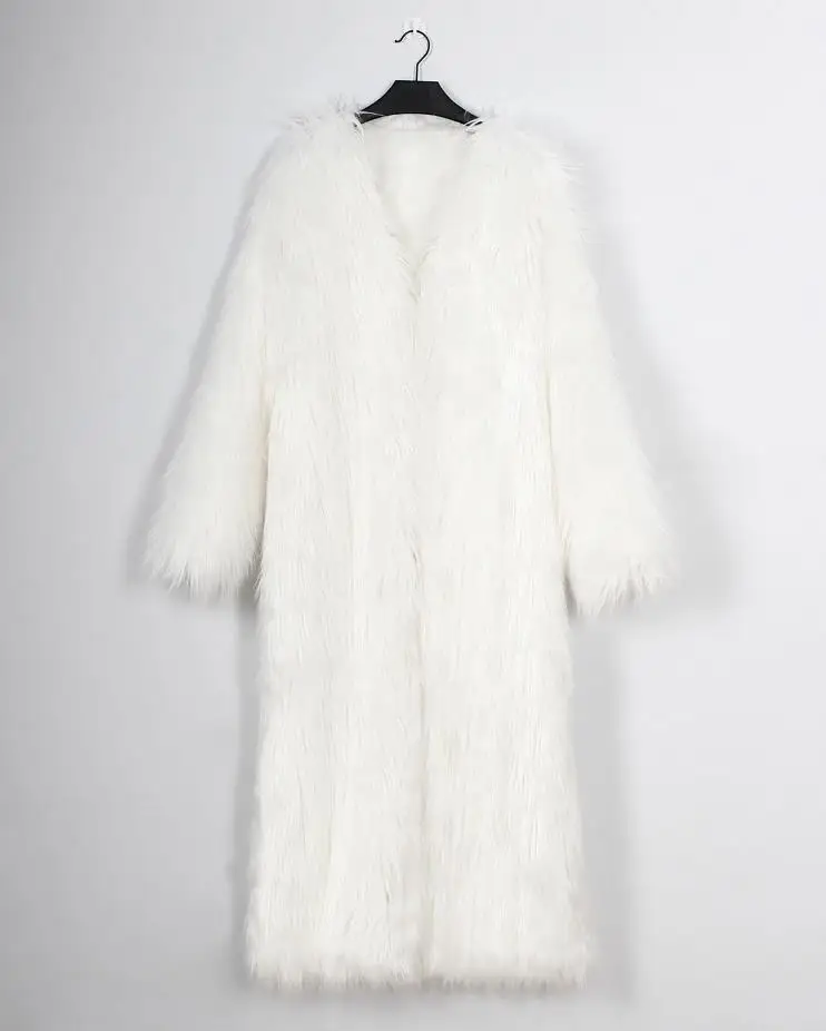 White S/5XL Женские длинные с v-образным вырезом, имитация меха, однотонные куртки, модные женские, размер лаги, искусственный мех, куртки, Sext, пальто D568 - Цвет: White