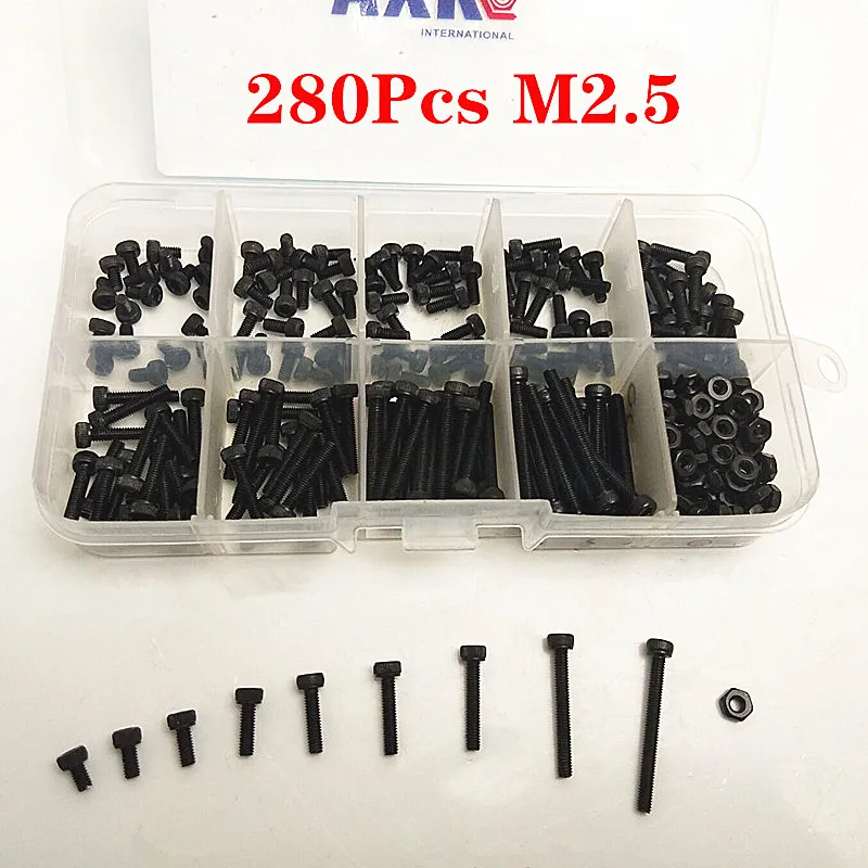 

280pcs/set Black Din912 M2.5 Allen Bolt Hex Socket Round Cap Head Screw And Nut Assortment Kit Set