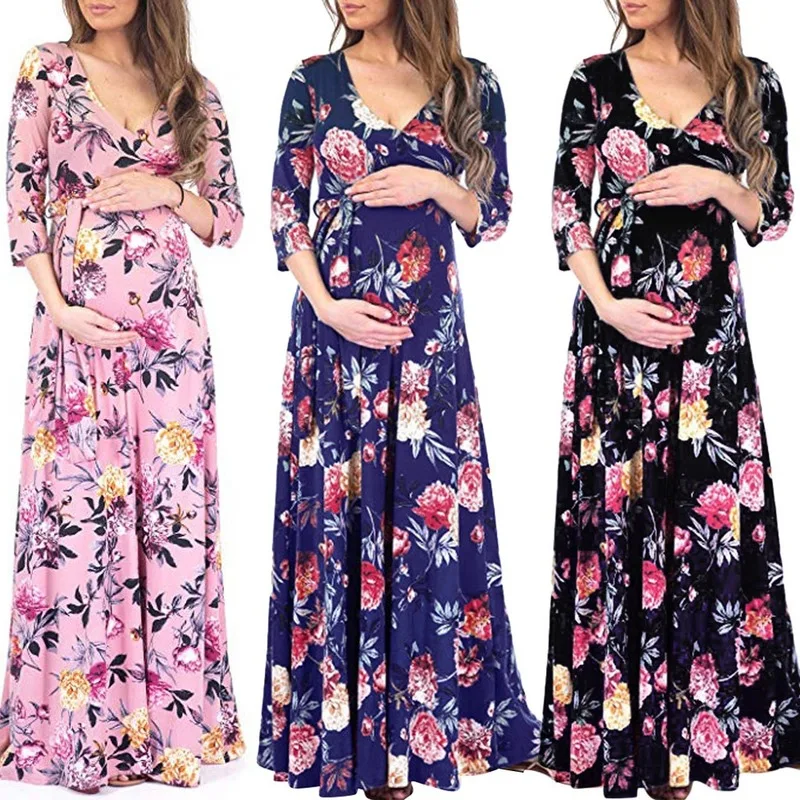 

2019 Autumn Winter New Women V Neck Three Quarter Plus Size Flower Print Pregnant Woman Long Dress