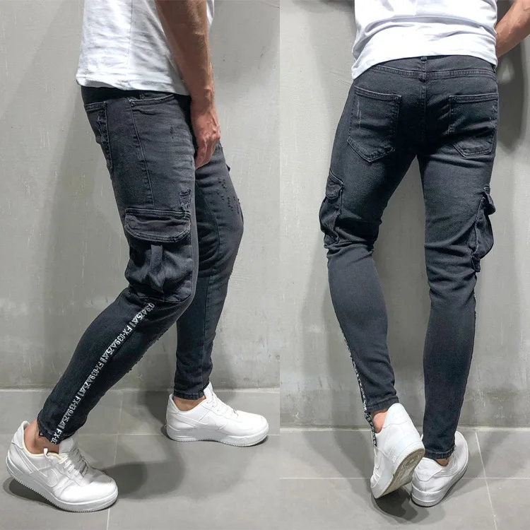 Pantalon Homme джинсы обтягивающие для мужчин черный карман карго карандаш брюки деним Модные ботильоны на молнии уличная джинсы человек известный бренд