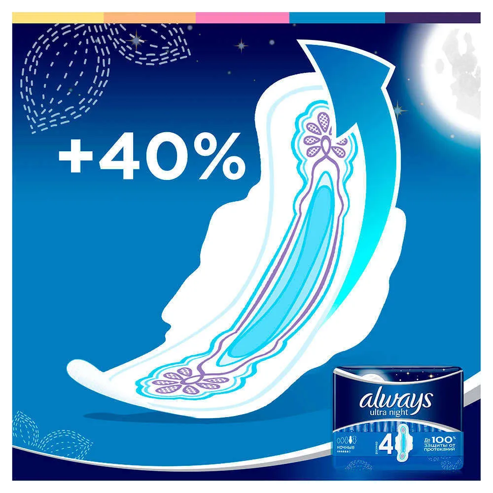 Прокладки ультратонкие, размер 4 «Ultra Night» Always, 26 шт