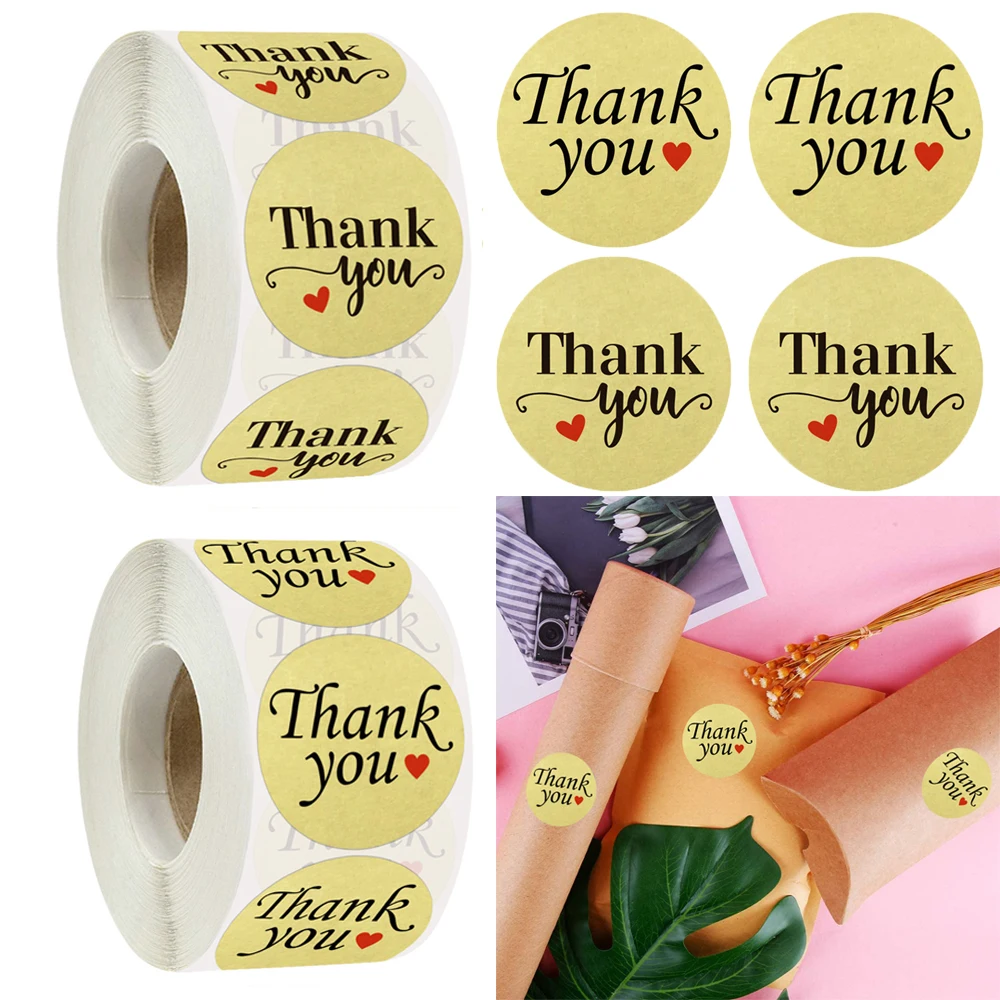 

500pcs/roll 3.8cm Kraft Paper Thank You Stickers Red Love New Year Party Decoration Gift Greeting Card Label Stationery Sticker